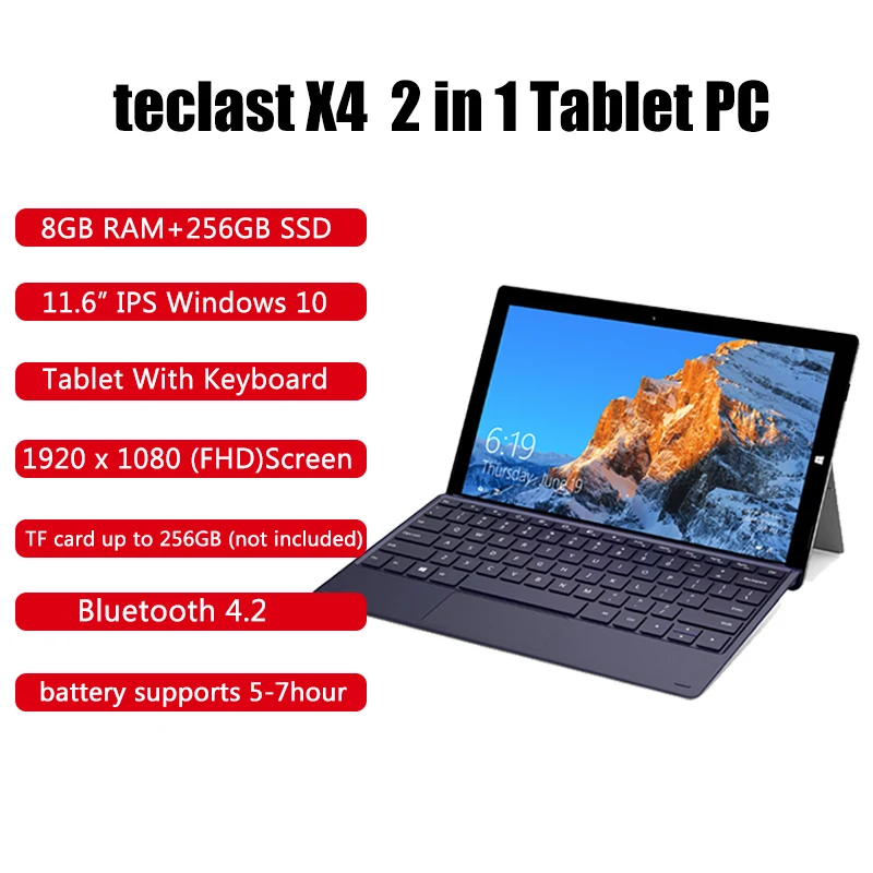 Teclast X4 2 in 1 Tablet PC Laptop 11.6' IPS Windows 10 Celeron N4100 Quad Core 8GB RAM 256GB SSD 5