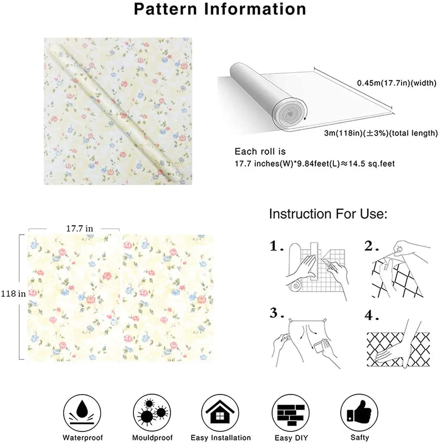 블루 핑크 꽃무늬 자체 접착 벽지, 노란색 껍질 및 스틱 접촉 용지, 탈착식 벽지, 홈 데코용 비닐 필름