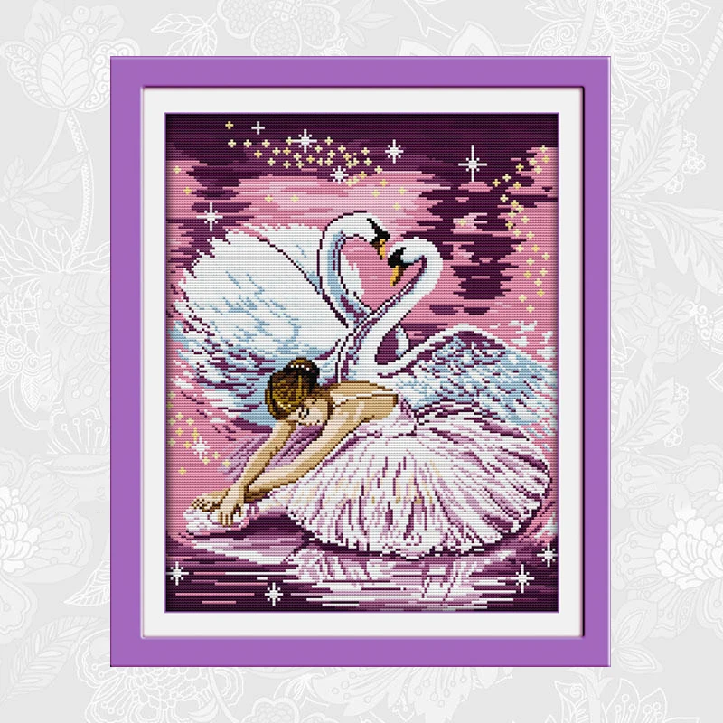 

Joy sunday Dance of the swan Printed on Fabric Cross Stitch kits,DMC Embroidery Thread Sets, DIY Handmade Needlework