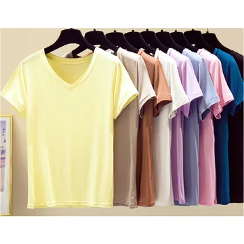 

9 Colors New Oversize S-5XL Cotton T-shirt For Women 2020 Summer Short Sleeve V-Neck Elastic Casual Top All Match Best Sale Y390