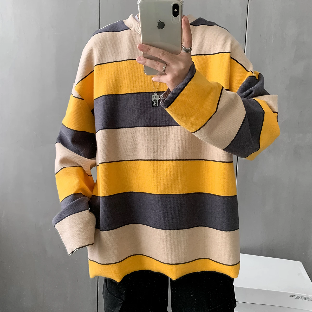 

2019 Men's Casual Loose Stripe Printing Pullover Cotton Round Neck Hit Color Coats Long Sleeve Hoodies Homme Sweatshirts M-XL