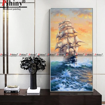 

PSHINY 5D DIY Diamond embroidery sale boat landscape picture Full drill with square rhinestone Diamond Painting cross stitch new