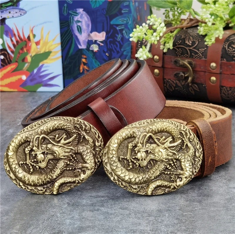

Solid Brass Chinese Dragon Belt Buckle Luxury Men's Leather Belt Ceinture Western Cowboy Jeans 130CM Long Belt Male Wide MBT0058