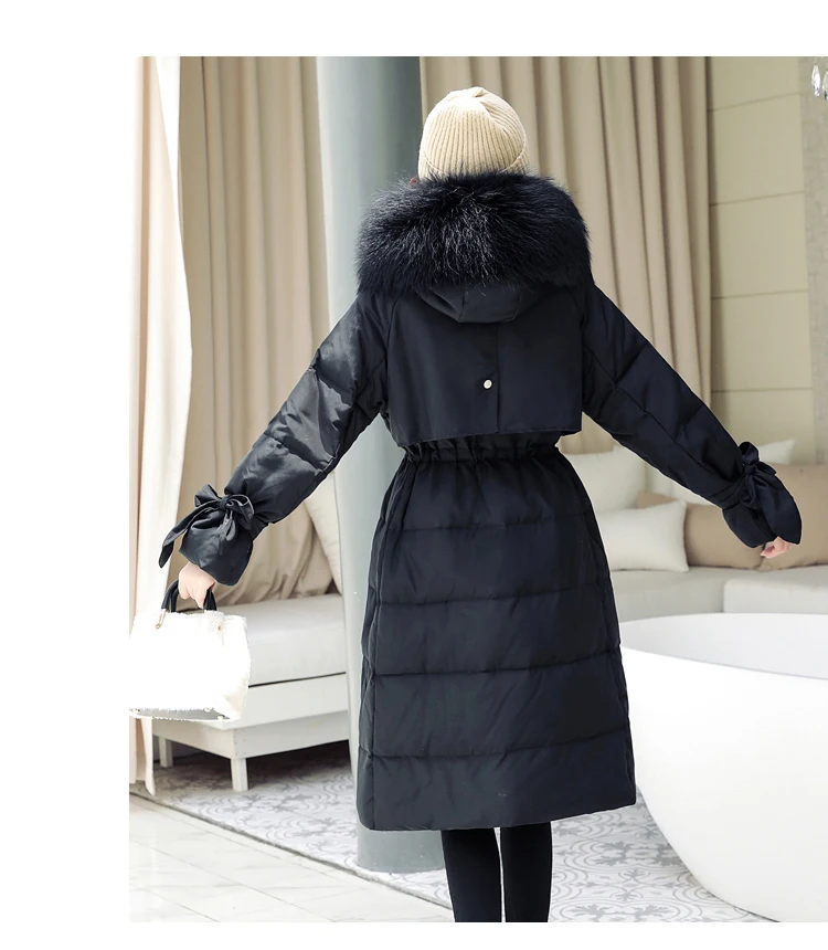 Высококачественная Длинная женская зимняя куртка с капюшоном, зимний пуховик из хлопка, женское свободное плотное пальто из меха енота с большим меховым воротником, пальто