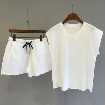 

Women 2 Piece Solid Sets Sleeveless O Neck T Shirts+Lace Up Elastic Waist Wide Leg Shorts Summer Korean Sweety Fashion Suits