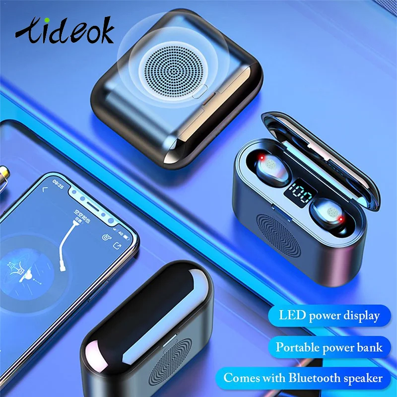 

New True Wireless Bluetooth Earphone & Speaker F9 TWS Wireless Earphone With Mic Bluetooth LED Display Headset With 2000mAh Bin