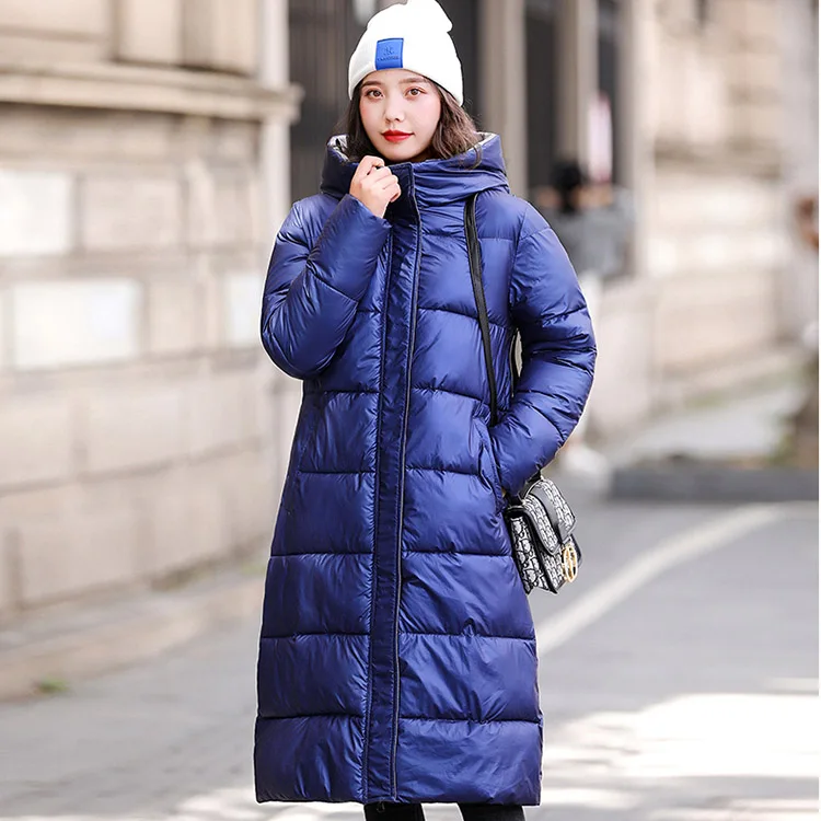 Foxmertor Зимняя мода длинный женский пуховик пальто сплошной цвет свободный толстый пуховик хлопок с капюшоном L-5XL куртка - Цвет: Blue