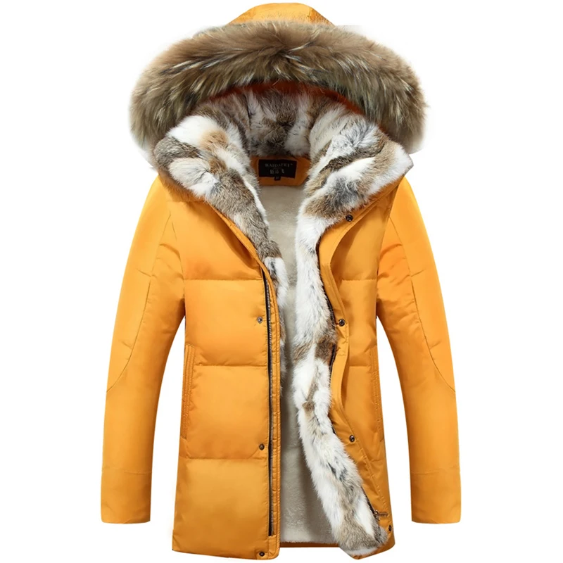 5XL куртка из белой утиной кожи, зимнее пальто, Женское пальто из гусиного пера, длинная куртка из меха енота, утепленная теплая зимняя куртка XL, Женская парка - Цвет: hair collar yellow