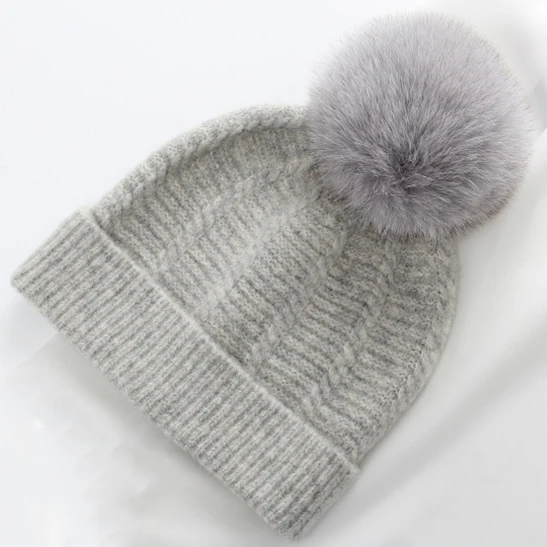 light grey Женская шапка Зимняя шерстяная помпон лисий мех шапочка теплая вязаная Лыжная уличная аксессуар для девочек подростков взрослых - Цвет: light grey