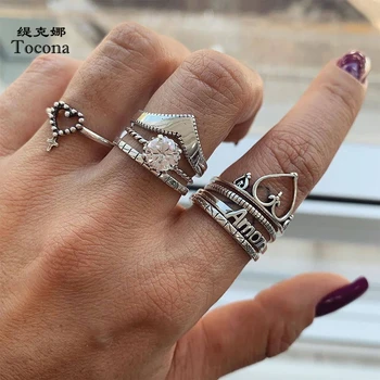 

Tocona 8pcs/set Vintage Antique Silver Color Heart Wedding Rings for Women Shiny Crystal Stone Letter Geometric Joint Ring 14566