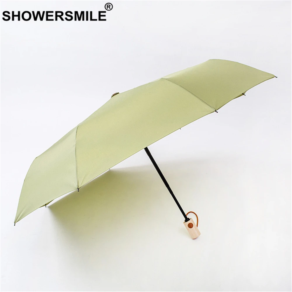 

SHOWERSMILE Green Wooden Handle Umbrella Rain Women Fresh Windproof Waterproof Brolly Brand Three Floding Ladies Bumbershoot