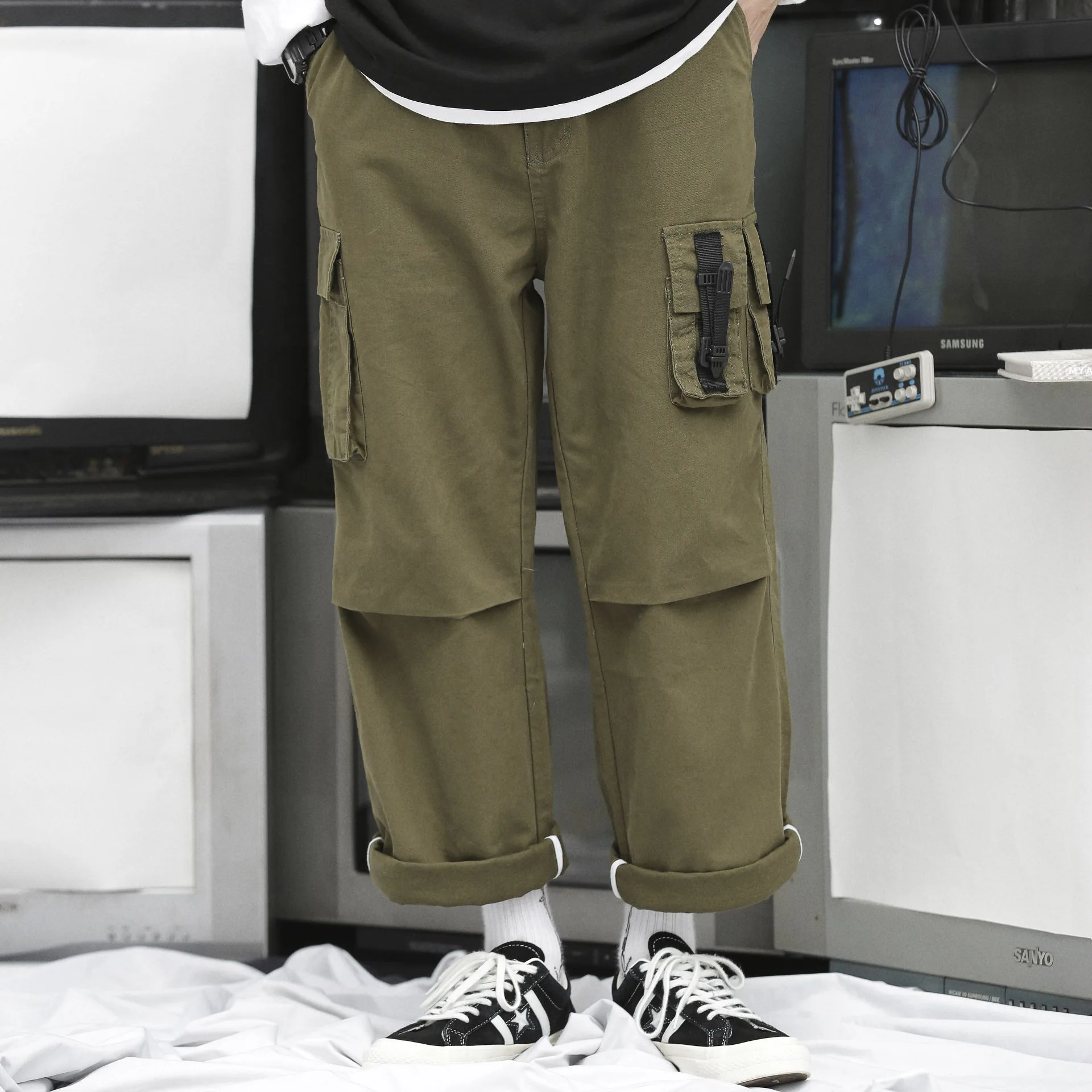 Супер огонь оригинальная рабочая одежда мульти карман широкие брюки хип-хоп тренд привязки брюки пара повседневные брюки комбинезоны