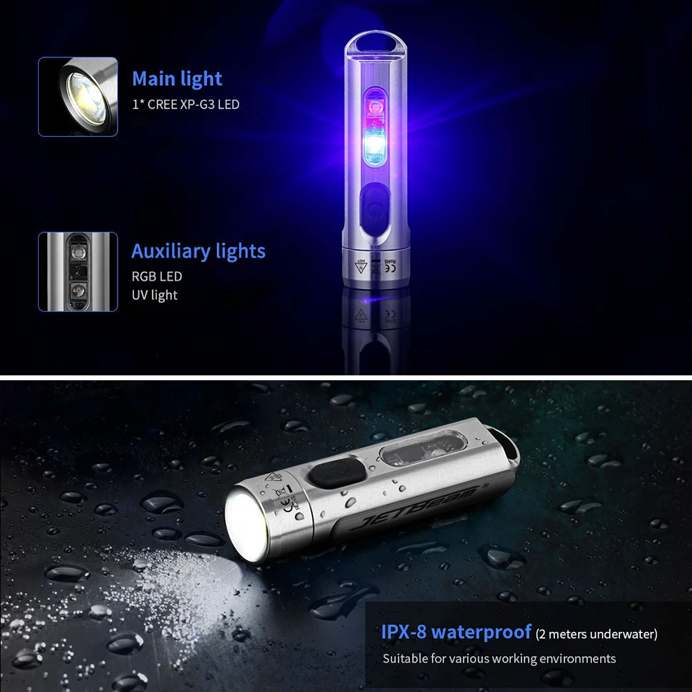 JETBeam Waterproof Camping 500LM XPG3 + RGB + 365UV LED Pocket Flashlights Camping Hunting Climbing Pocket Torch Working Light