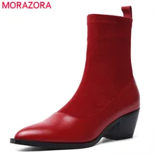 MORAZORA/ г., Новое поступление, осенне-зимние ботильоны для женщин из натуральной кожи, растягивающиеся сапоги простая женская обувь на квадратном каблуке