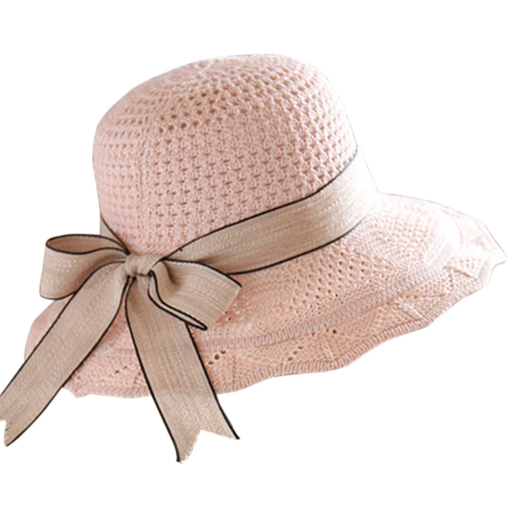 Foldable Summer Straw Hat Outdoor Beach Fashion Sun Visor Caps Wide Brim Stripe Women Floppy Casual Ribbon - Цвет: Розовый