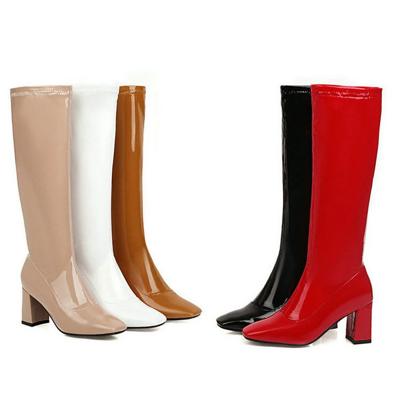 2021 Patent PU Leather Women Knee High Boots Fashion Square Toe Thick High Heel Ladies Boots Side Zipper Women's Shoes
