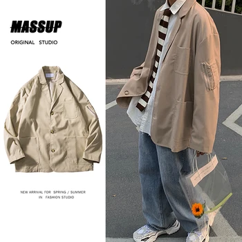 

2019Spring And Autumn New Youth Fashion Casual Solid Color Tooling Small Suit Jacket Trend Loose Korean Shirt Khaki / Black M-XL