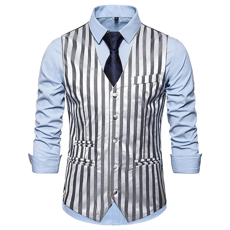light gray Однобортный костюм в Вертикальную Полоску жилет мужской бренд Новая мода Тонкий Бизнес классическое короткое пальто в формальном стиле Свадебная вечеринка для мужчин - Цвет: light gray