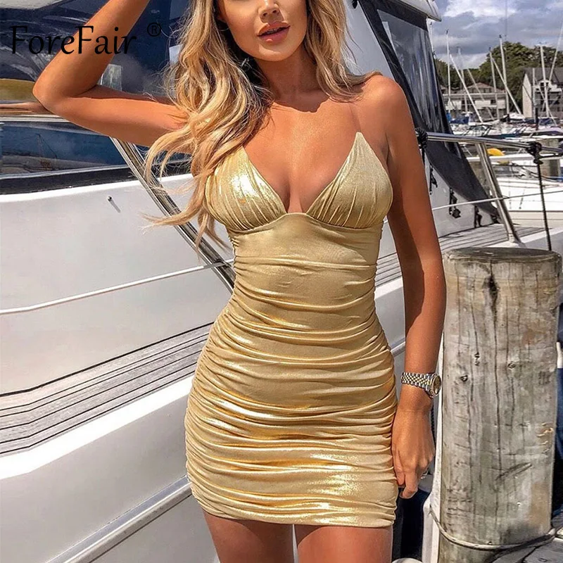 

Forefair Sexy Bodycon Glitter Party Dress Summer 2019 Transparent Strap Strapless Bare Back Ruched Clubwear Mini Dress Women