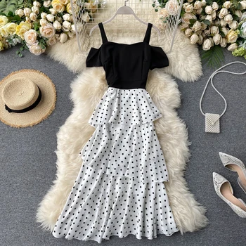 

Summer 2020 New Hollow Strapless Strap Stitching Fashion Wave Point Mid-length Short-sleeved Dress Woman Summer Clothes Vestidos