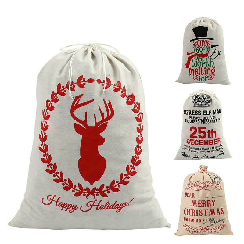 

Christmas Gift Bag Linen Fabric 50x70cm Candy Holders Deer Letter Snowman Crown Printed Drawstring Festival Christmas Decoration