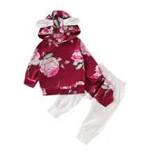 Одежда для новорожденных зимняя одежда для маленьких мальчиков и девочек футболка с капюшоном и длинными рукавами с цветочным рисунком топы и штаны с карманами комплекты одежды для детей