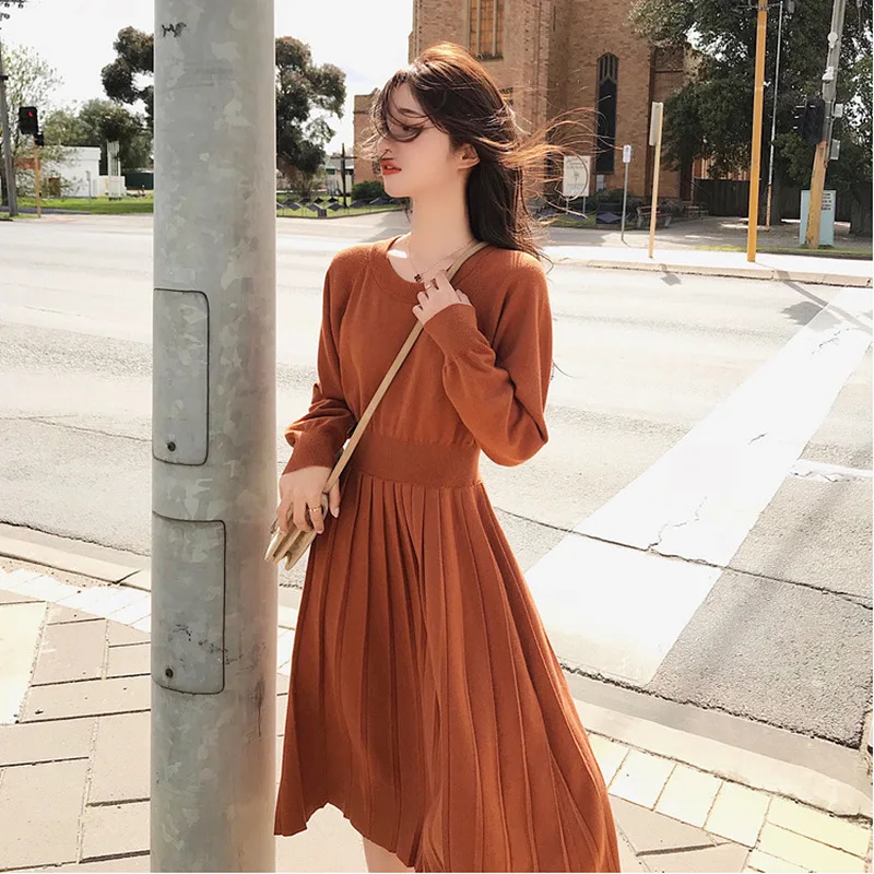 Aliling Womens Elastic Flared Long Sleeve Wrap Tie Bodycon Dress Casual Knitted Sweater Dresses 