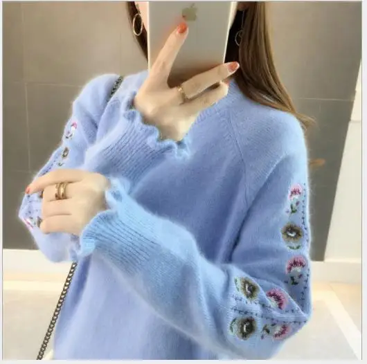 Light Blue Женский свитер с вышитыми цветами, пуловеры, осень, модные вязаные топы, джемпер для девочек, мягкая трикотажная одежда с круглым вырезом, толстый свитер H246 - Цвет: Light Blue