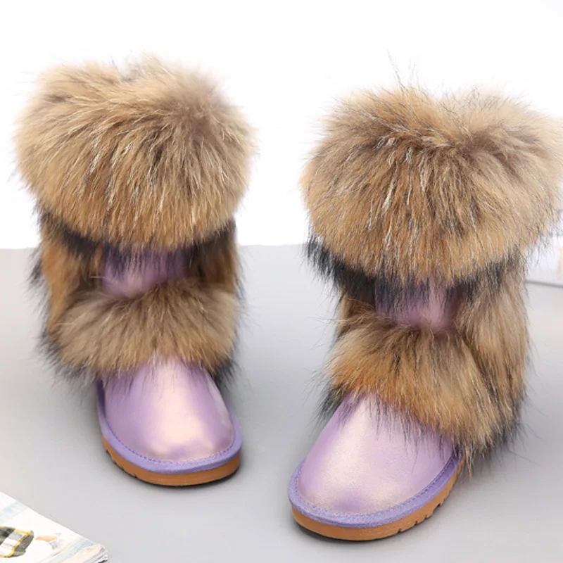 Новинка; Лидер продаж; модные зимние сапоги из натуральной кожи; зимние сапоги на лисьем меху; женские сапоги; Водонепроницаемая зимняя обувь для женщин - Цвет: Metal purple