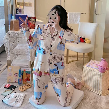 

Fashion cartoon pajamas women tops + pants 2 pieces summer casual tracksuit for women knitted cotton pijamas mujer plus size 2XL