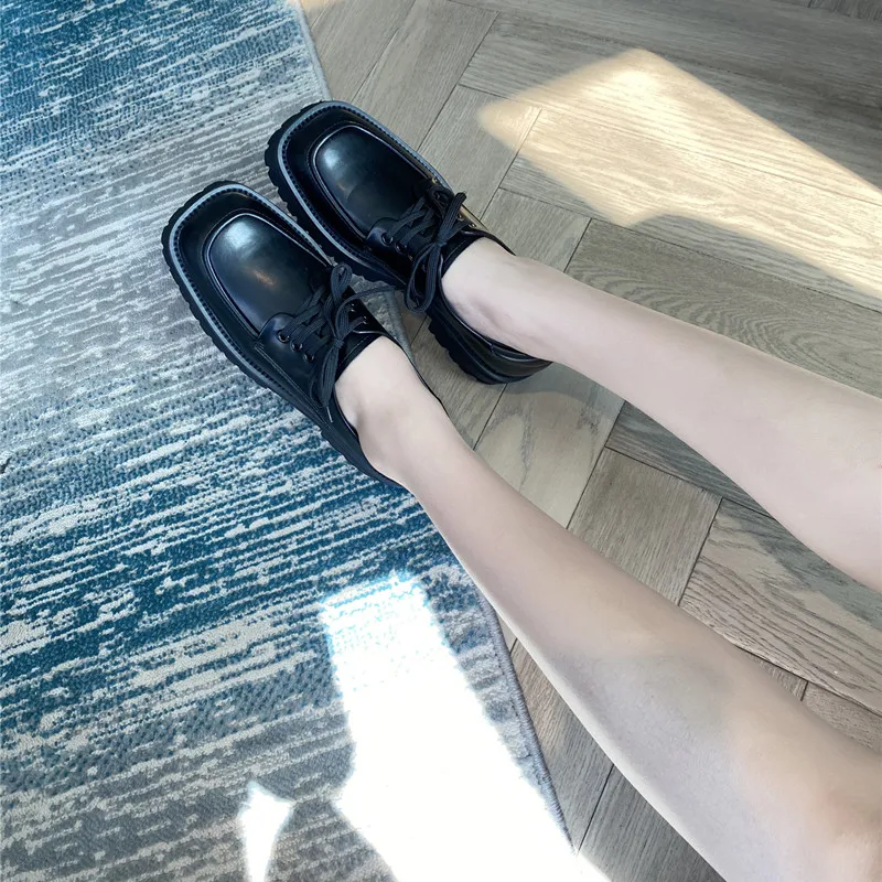 Preppy Style Women's Shoes Retro Flats Spring Female Loafers Thick Heels Platform Square Toe