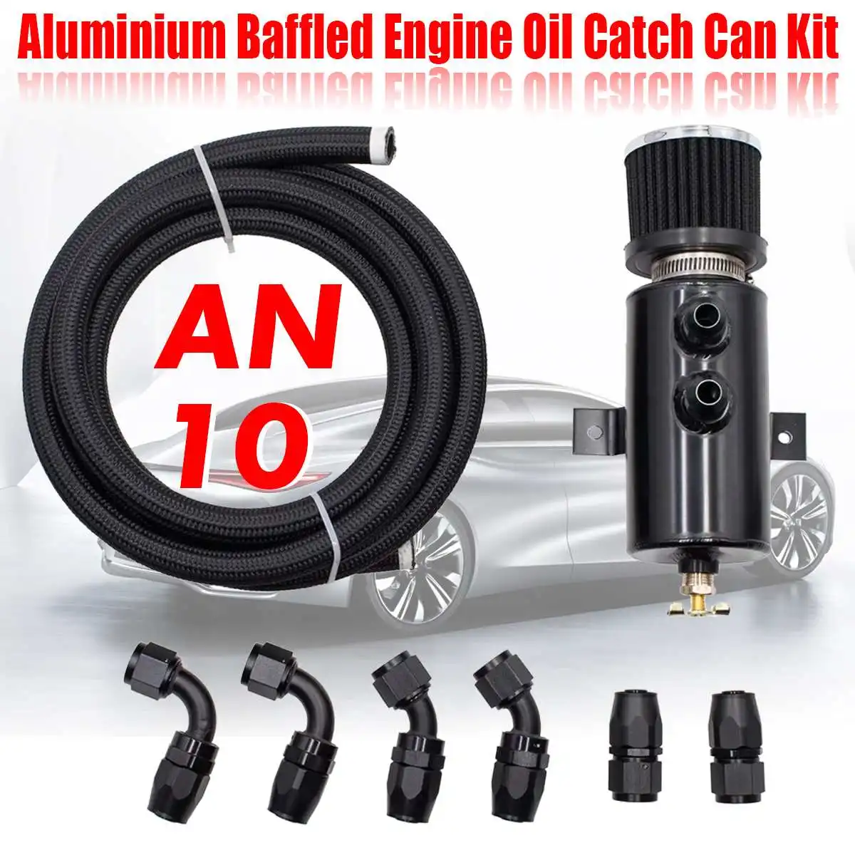 Aluminum Baffled Motor Engine Oil Catch Can 0.75L One Side & Hose Kit AN12 Black