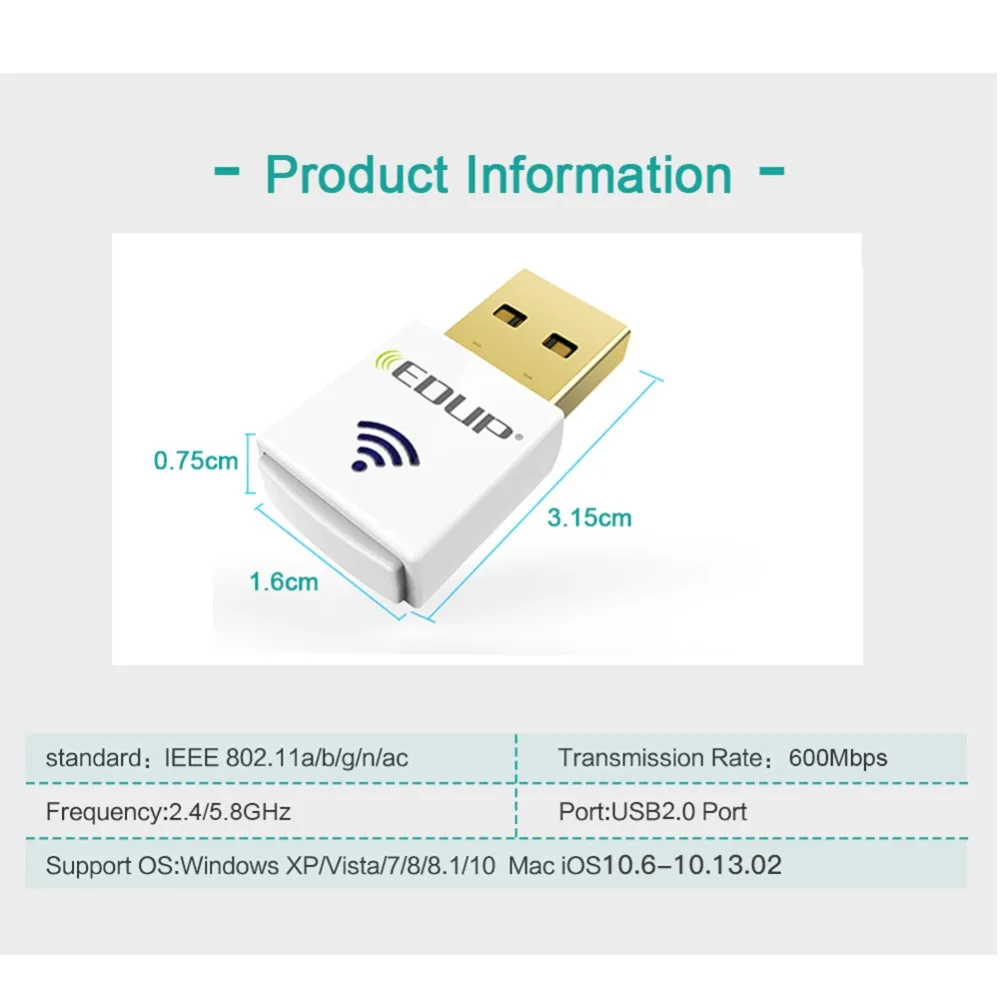 EDUP 600 Мбит/с USB wifi адаптер 802.11ac wifi приемник Мини 5 ГГц двухдиапазонный USB Ethernet адаптер Wi-Fi для компьютера ПК