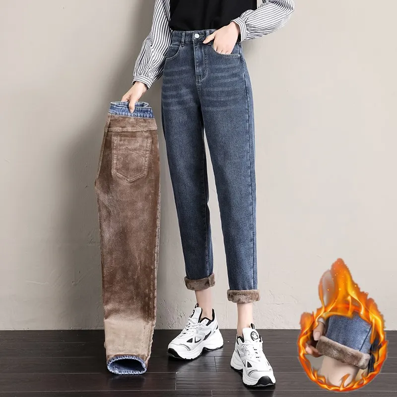 

Denim Jeans Woman High Waist Fashion Korean Boyfriend Baggy Jeans Oversize Velvet Thickening Warm Harem Pants for Women