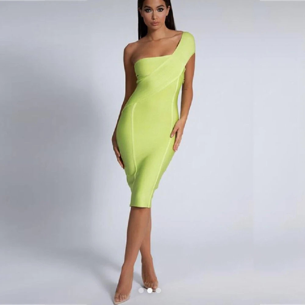 Maketina Summer Women High Quality One Shoulder Bandage Dress Green Sleeveless Bandage Dress Evening Club Party Dress