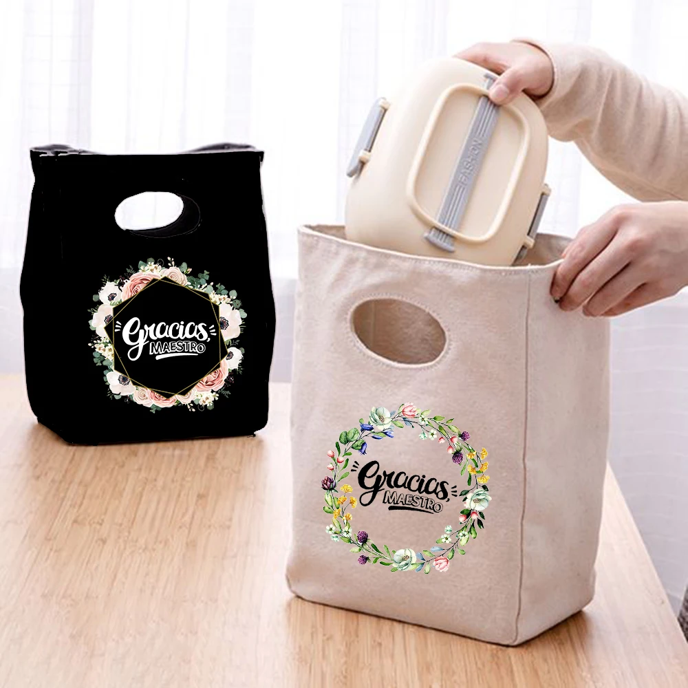 

Gracias Maestro Fashion Flower Printing Lunch Bags Thermal Box Bag for Kids Student School Canvas Eco High Capacity Picnic Tote