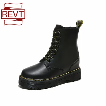 

REVT Classic Hot style womens Genuine Leather fashion Martin 5cm boots Round head laces Women's motorcycle boots womens shoes