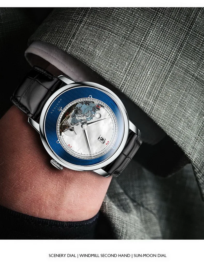 PONIGER Men Automatic Watch Top Luxury Brand Watches Dress Mechanical Wristwatch Sapphire Fashion Rotate Windmill Second Hand