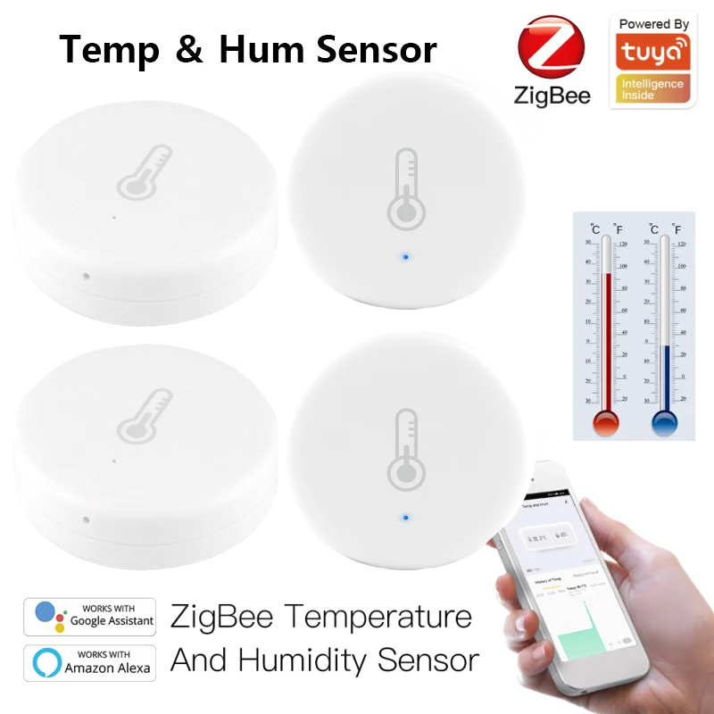 Sensor de humedad y temperatura tuya zigbee, detector alimentado por batería, almacenamiento de datos antiguos, compatible con Alexa y Google Home, 4 Uds.
