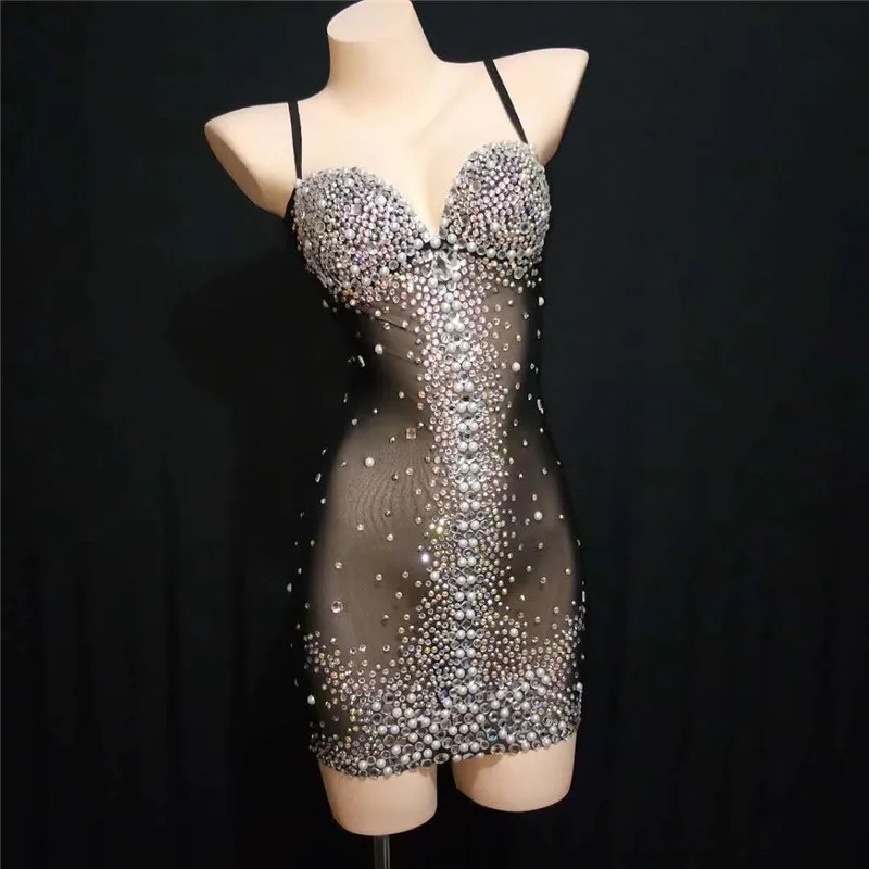 

W26 Sexy female black perspective rhinestone dress sleeveless transparent hip skirt crystal hip skirt perform drilling outfit dj