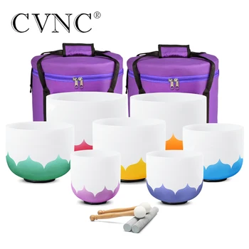 CVNC 6-12 Inch Lotus Chakra Design Frosted Quartz Crystal Singing Bowl Set of 7pcs CDEFGAB Note with Free 2pcs Liner Carry bags