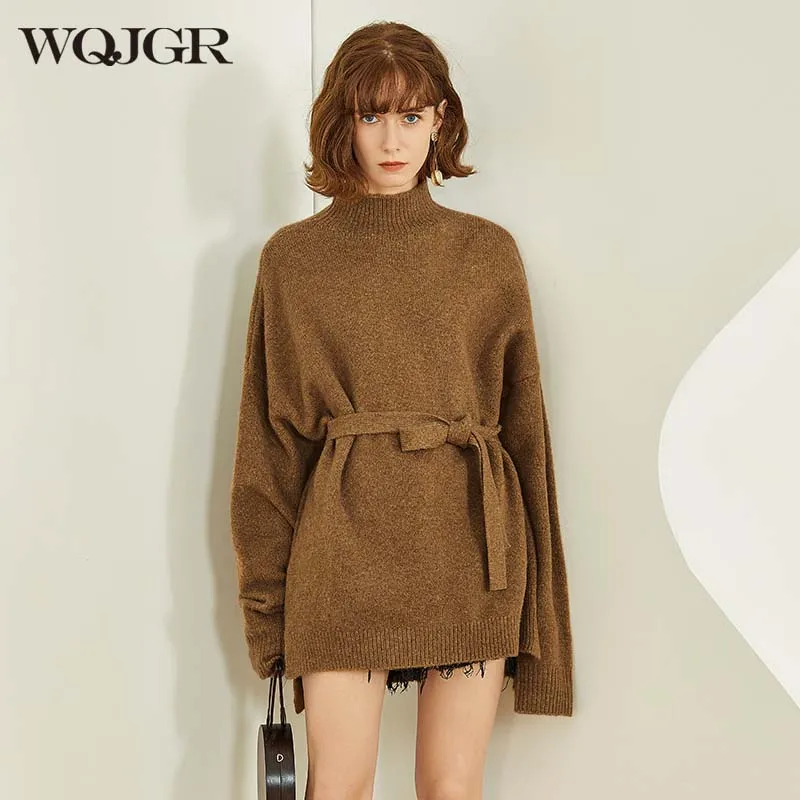 

WQJGR Knitted Wool Women Sweater and Pullovers Turtleneck Long sleeve Sashes Thicken Sweaters Fashion Women