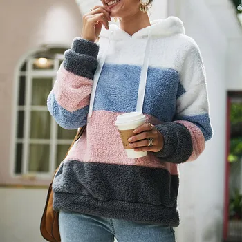 

Women's Fleece Patchwork Hooded Sweatshirt Rainbow Striped Casual Warm Pullover Hoody 2020 Winter Autumn Thicken Hoodies Female