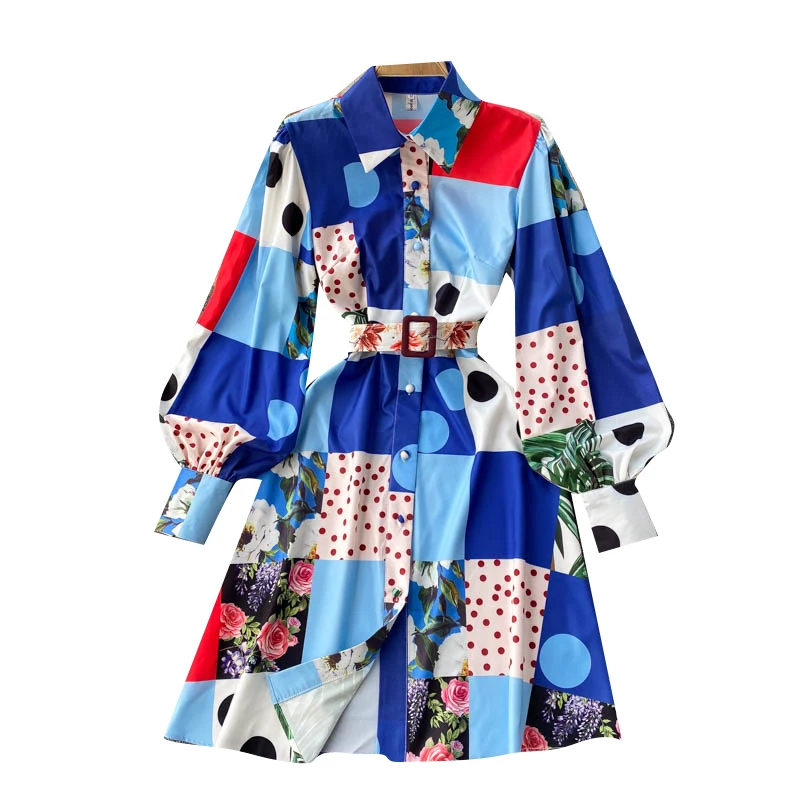 2021 vintage fashion printing hubble-bubble sleeve lapel accept waist with a single-breasted shows female dress