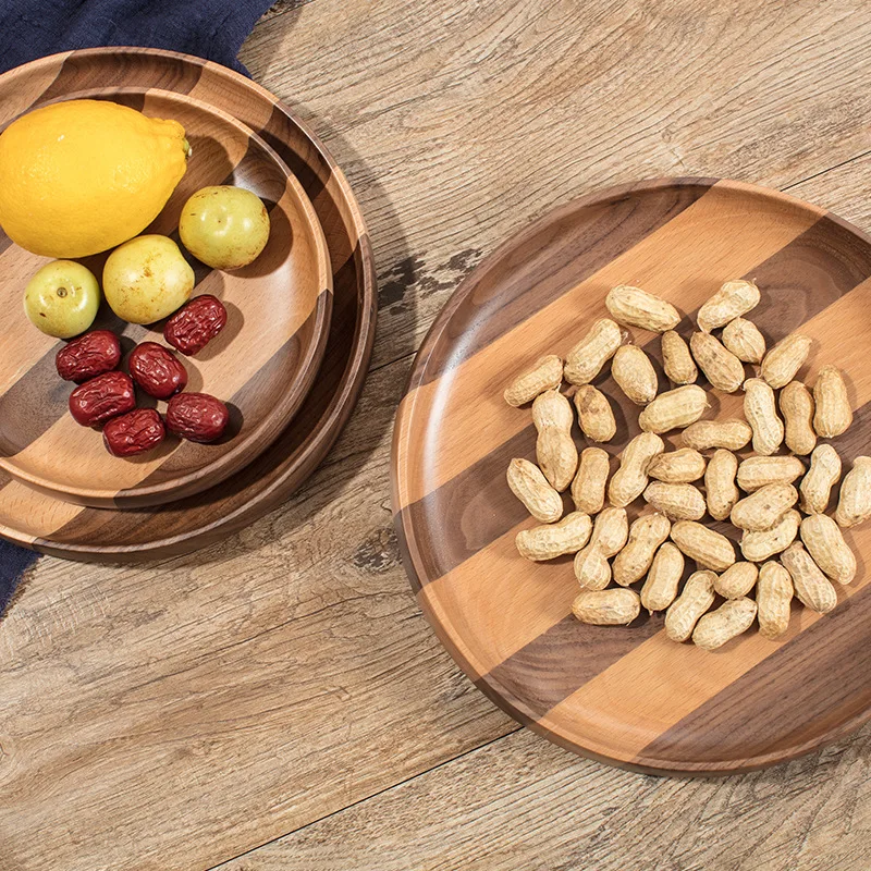 1pc Home Round Wooden Serving Platter,Wood Dinner Plate Easy Cleaning Dessert Serving Tray,Natural Tableware dining for Snack