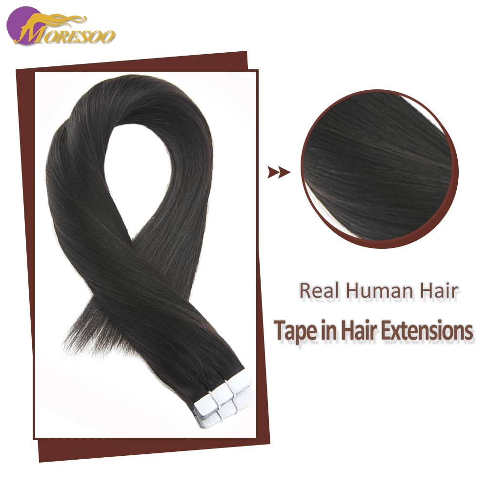 

Moresoo Hair Extensions Tape in Real Hair Extensions Machine Remy 12-24inch Off Black #1B Silky Straight Invisible Tape in Hair