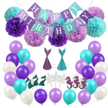 

Mermaid Party Decorations Balloons Happy Birthday Banner Paper Flower Pom Poms Cupcake Toppers Gish Tail Hats Kit