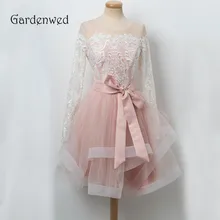Винтажные платья с длинным рукавом для выпускного вечера,, розовый пояс, короткие, длина до колена, белое кружево, тюль, женские вечерние платья, robe de soiree