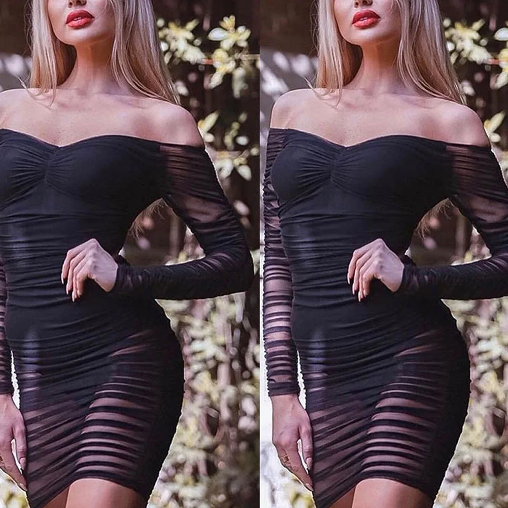 

Bikitique Net Transparent Bra Long Sleeve Off Shoulder One Neck Sexy Dress Women Nightclub Dance Party Dress Vintage Vestidos