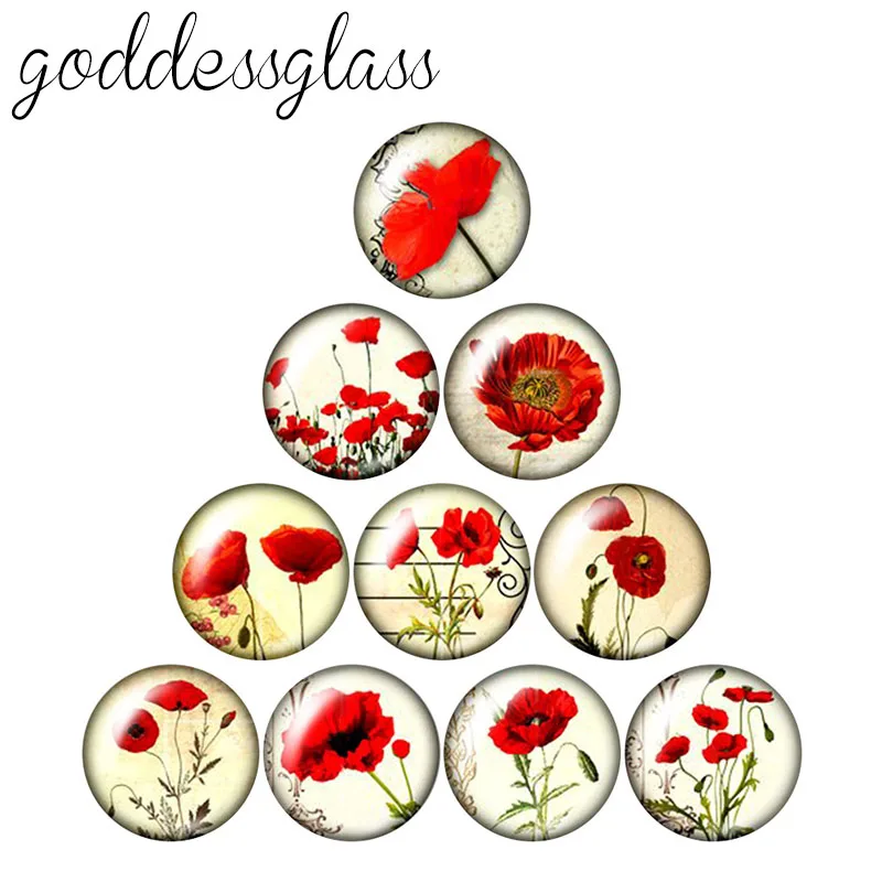 

Beauty Colorful flower patterns poppy 10pcs 12mm/18mm/20mm/25mm/30mm Round photo glass cabochon demo flat back Making findings